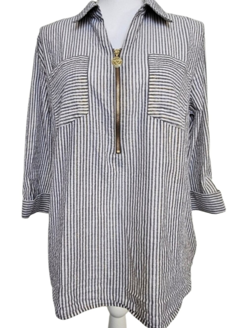 Anne Klein Gray White Striped Metallic Thread Gold Detail Half Zip Blouse Size L